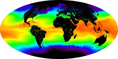Sea surface temperature shown in false-color image. A one-month composite for May 2001. Red and yellow indicate warmer temperatures by National Aeronautics and Space Administration National Aeronautics and Space Administration